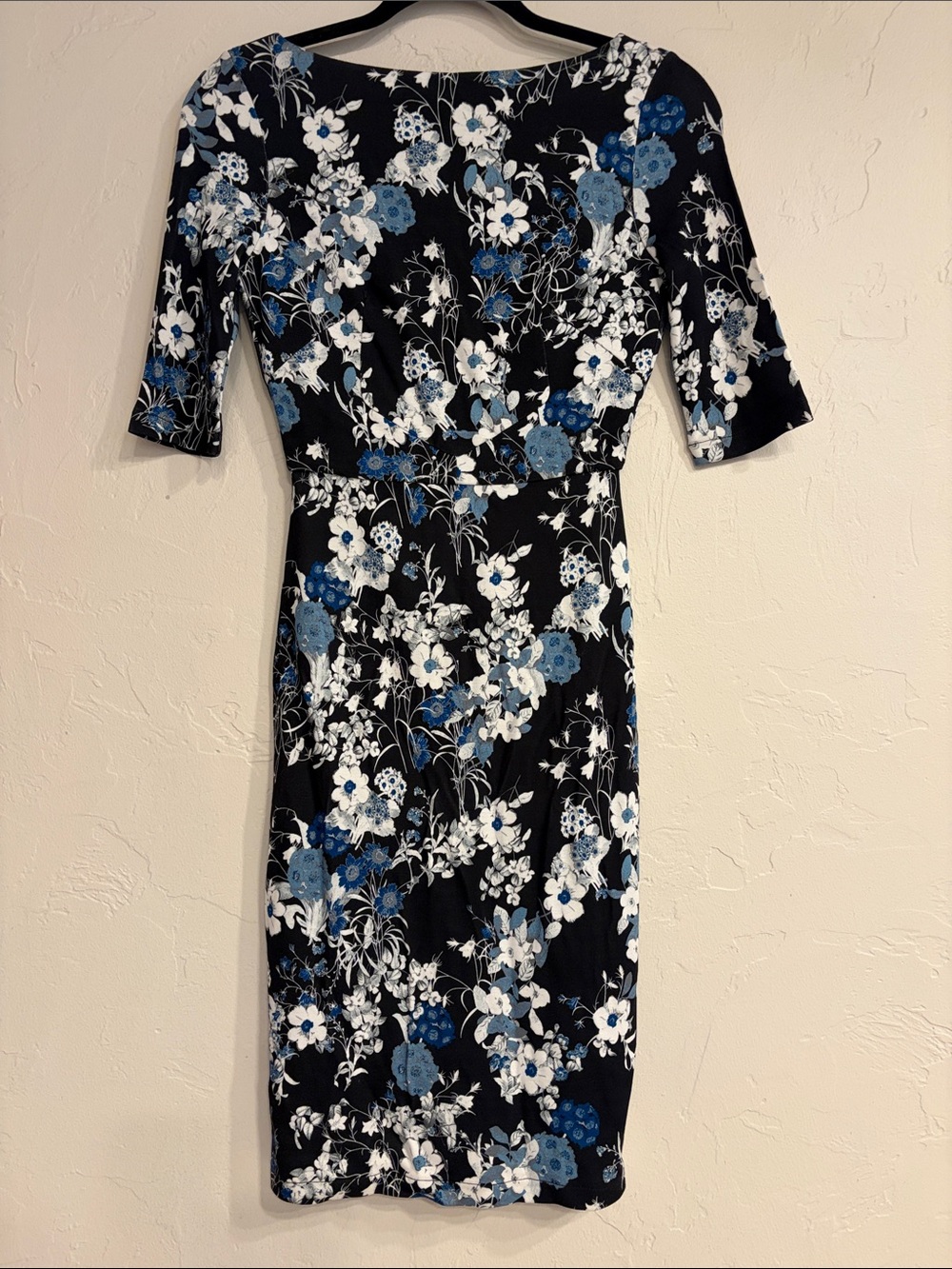 ERDEM Black Midi Dress with Blue & White Floral Print UK 6